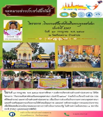 กิจกรรมสัปดาห์ส่งเสริมพระพุทธศาสนา ประจำปี 2567 ร่วมกับโรงเรียนบ้านท่าบ่อ (บ่อ ศรีรัตนอำนวย) และชาวบ้านตำบลท่าบ่อสงคราม เพื่อเป็นการส่งเสริมกิจกรรมทางพระพุทธศาสนา และสร้างเสริมคุณธรรมจริยธรรมให้สังคมมีคุณภาพ